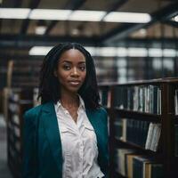 beautiful african american black woman with library in background, generative AI photo