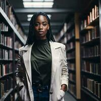 hermosa africano americano negro mujer con biblioteca en fondo, generativo ai foto