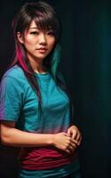 portrait photo of beautiful teenage asian woman with trending hairstyle in dark room with light in background, generative AI