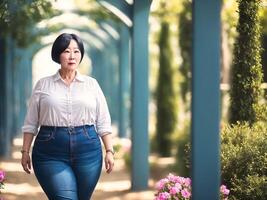 chubby curvy middle aged woman at the fresh green park, photo