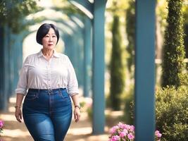 gordito curvilíneo medio Envejecido mujer a el Fresco verde parque, generativo ai foto