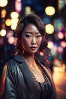 beautiful young asian woman with city street night in background, generative AI photo