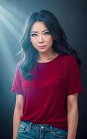 portrait photo of beautiful middle aged asian woman in dark room with light in background, generative AI