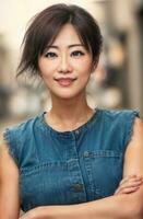 happy pretty asian woman at the street, generative AI photo