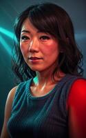 portrait photo of beautiful middle aged asian woman in dark room with light in background, generative AI