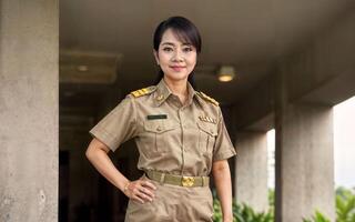 photo of middle aged asian woman in Thai teacher uniform, generative AI