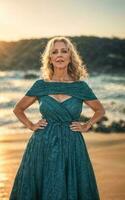 photo of white middle aged old lady american woman in dress at the sand beach, generative AI