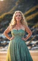 photo of white middle aged old lady american woman in dress at the sand beach,