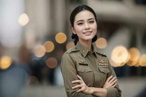 photo of asian woman in Thai police officer uniform, generative AI