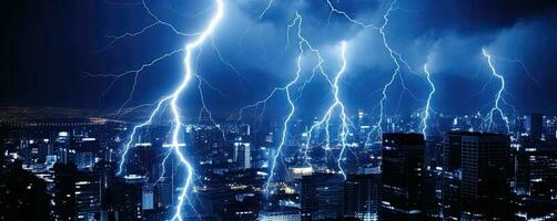 Lightning strikes over night cityscape photo
