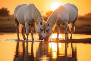 blanco caballos a puesta de sol foto