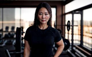 healthy middle aged lady woman in sport wear at gym, generative AI photo