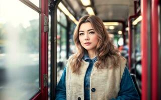 hermosa mujer en pie dentro público autobús transporte, generativo ai foto