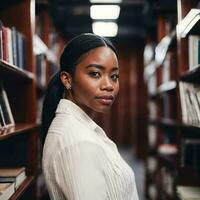 hermosa africano americano negro mujer con biblioteca en fondo, generativo ai foto