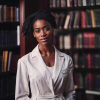 hermosa africano americano negro mujer con biblioteca en fondo, generativo ai foto