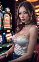 hermosa asiático mujer con lujo vestir en grandioso casino juego, generativo ai foto