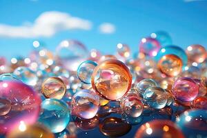 Colorful bubbles on blue sky photo