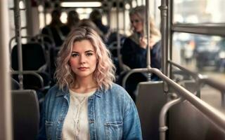 hermosa mujer en pie dentro público autobús transporte, generativo ai foto
