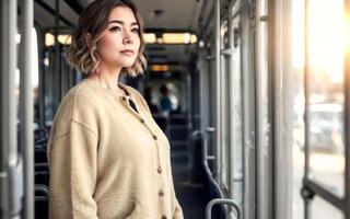 beautiful woman standing inside public bus transport, generative AI photo