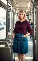 beautiful woman standing inside public bus transport, generative AI photo