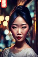 beautiful young asian woman with city street night in background, generative AI photo