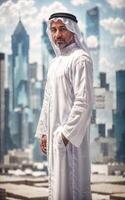 rich arab businessman in Traditional White Outfit in big city in background, photo