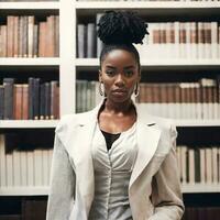 beautiful african american black woman with library in background, generative AI photo