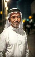 Rico árabe empresario en tradicional blanco atuendo en noche calle fondo, generativo ai foto