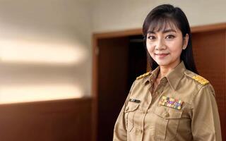 photo of middle aged asian woman in Thai teacher uniform, generative AI