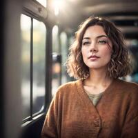 beautiful woman standing inside public bus transport, generative AI photo