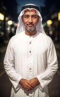 rich arab businessman in Traditional White Outfit in night street background, generative AI photo