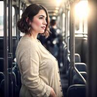 beautiful woman standing inside public bus transport, generative AI photo