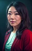 portrait photo of beautiful middle aged asian woman in dark room with light in background, generative AI