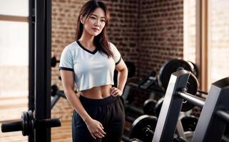 healthy middle aged lady woman in sport wear at gym, generative AI photo