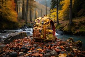 Backpack in the autumn forest photo