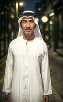 rich arab businessman in Traditional White Outfit in night street background, generative AI photo