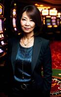 middle aged asian woman at luxury casino, generative AI photo