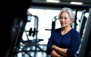 healthy middle aged lady woman in sport wear at gym, generative AI photo