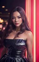 beautiful asian woman with luxury dress in grand casino gambling, generative AI photo