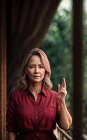 beautiful middle aged old lady woman at house with fresh green plant in background, generative AI photo