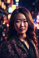 hermosa joven asiático mujer con ciudad calle noche en fondo, generativo ai foto