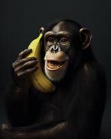 Chimpanzee phoning with banana - generative AI photo