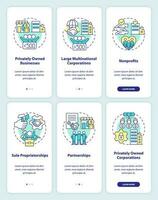 Types of private sector companies onboarding mobile app screens set. Walkthrough 3 steps editable graphic instructions with linear concepts. UI, UX, GUI templated vector