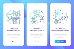 Gamification in corporate training blue gradient onboarding mobile app screen. Walkthrough 3 steps graphic instructions with linear concepts. UI, UX, GUI templated vector