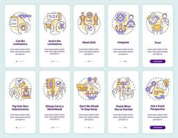 Overcome limitations onboarding mobile app screen set. Creative block walkthrough 5 steps editable graphic instructions with linear concepts. UI, UX, GUI templated vector