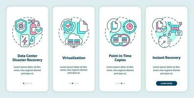 Disaster recovery approaches onboarding mobile app screen. Walkthrough 4 steps editable graphic instructions with linear concepts. UI, UX, GUI templated vector