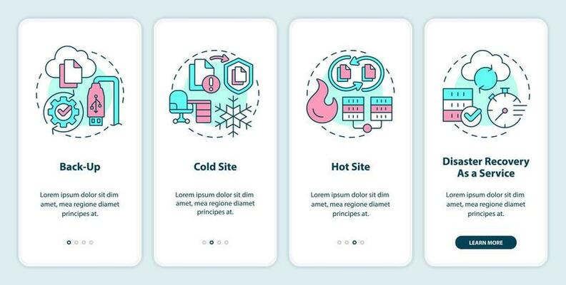 Types of disaster recovery onboarding mobile app screen. Walkthrough 4 steps editable graphic instructions with linear concepts. UI, UX, GUI templated