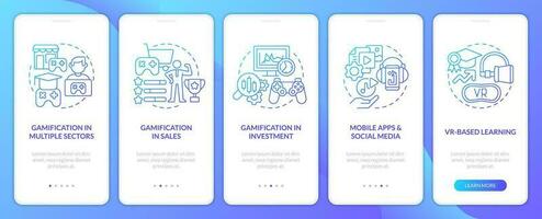 Gamification trends blue gradient onboarding mobile app screen. Integration walkthrough 5 steps graphic instructions with linear concepts. UI, UX, GUI templated vector