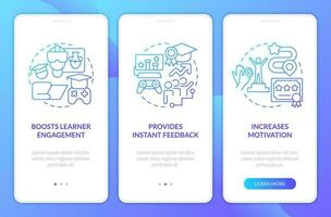 Gamification benefits in e learning blue gradient onboarding mobile app screen. Walkthrough 3 steps graphic instructions with linear concepts. UI, UX, GUI templated vector