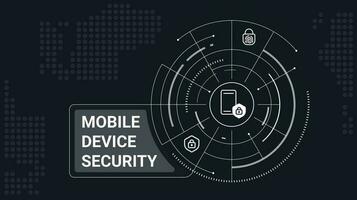 Mobile device security concept banner template. Sensitive data privacy. Network connection. Infographics on black background with icons, text. Editable vector illustration